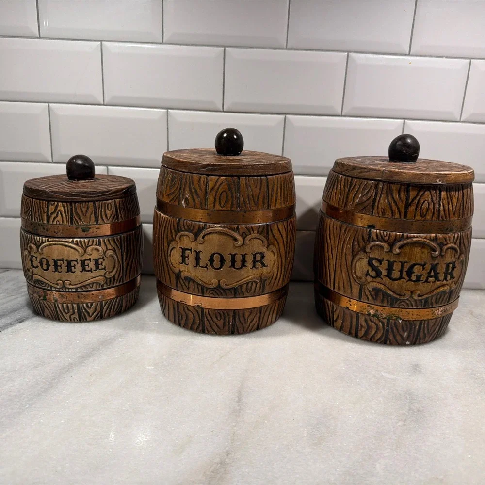 Set of 3 Vtg MCM Treasure Craft Ceramic Canister Barrel Flour Sugar Tea Coffee 9